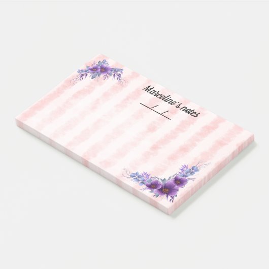 繊細な紫色の花と柔らストライプかな赤い10" x 6" ポストイット (アングル)