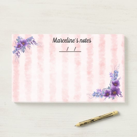 繊細な紫色の花と柔らストライプかな赤い10" x 6" ポストイット (デスク)