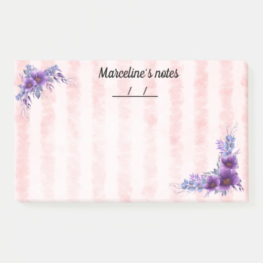 繊細な紫色の花と柔らストライプかな赤い10" x 6" ポストイット (正面)