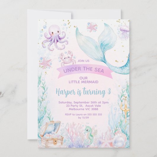 繊細な紫色の青の写真リトルマーメイド誕生日 招待状 (正面)