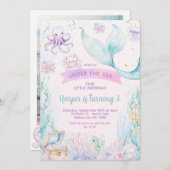 繊細な紫色の青の写真リトルマーメイド誕生日 招待状 (正面/裏面)