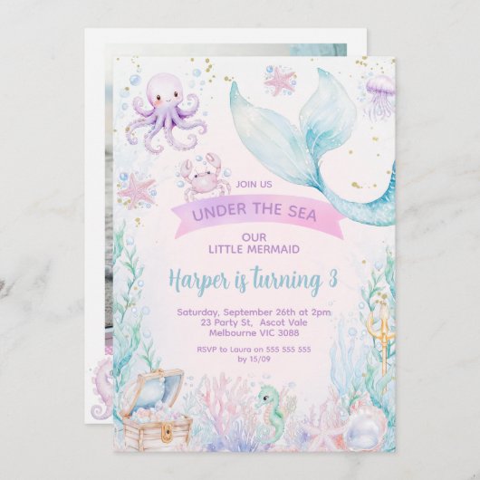 繊細な紫色の青の写真リトルマーメイド誕生日 招待状 (正面/裏面)