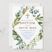 繊細な緑のフレーム幾何学少年バプテスマ 招待状 (正面)