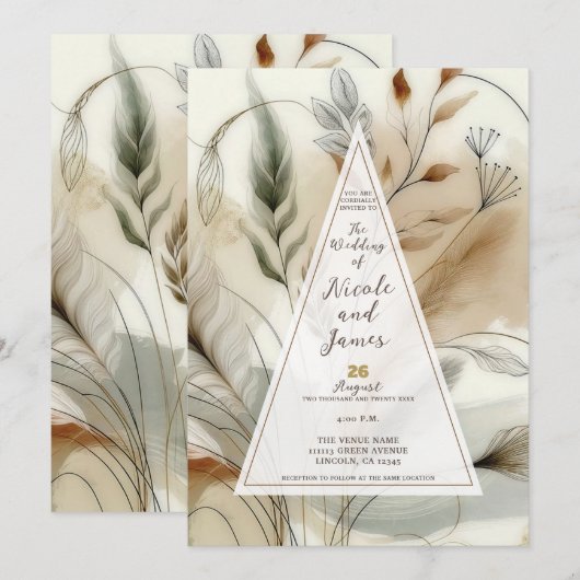 繊細な緑のモダンな植物ボヘミアンスタイルのウェディング 招待状 (正面/裏面)