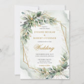 繊細な緑のユーカリとゴールドのウェディング 招待状 (正面)