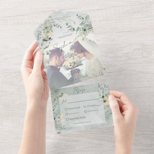 繊細な緑の写真モダンディナー オールインワン招待状 (貼ってはがせる)