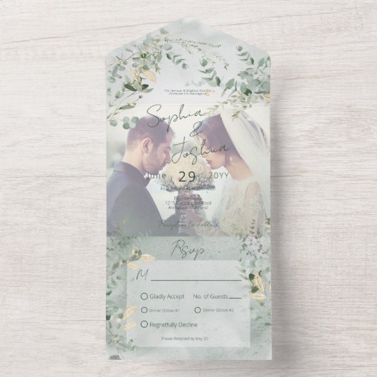 繊細な緑の写真モダンディナー オールインワン招待状 (内側)