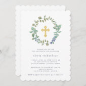 繊細な緑| フェイク金ゴールドクロスバプティスマ 招待状 (正面/裏面)
