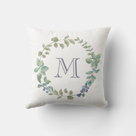 繊細な緑|水彩リースとモノグラム クッション (裏面)