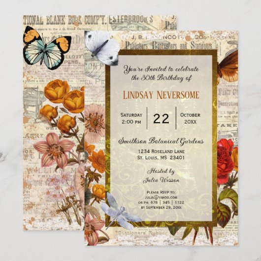 繊細な美学 おしゃれなヴィンテージ 誕生日パーティー 招待状 (正面/裏面)