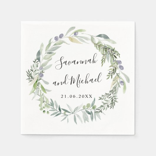 繊細な色彩の鮮やかオリーブと葉オイレのモノグラム スタンダードカクテルナプキン (正面)