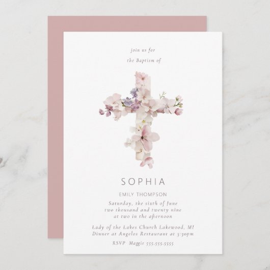 繊細な花がバプテスマ《キリスト教》洗礼式や命名式を越える 招待状 (正面/裏面)