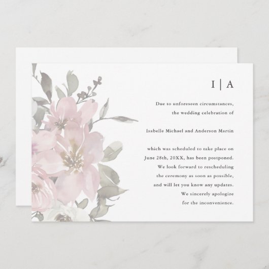 繊細な花のウェディング延期のお知らせ 案内状 (正面/裏面)