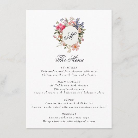 繊細な花のカリグラフィーイニシャルクレストエレガント メニュー (正面)