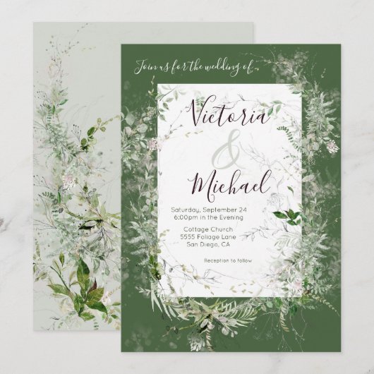 繊細な花のグリーンウェディング 招待状 (正面/裏面)
