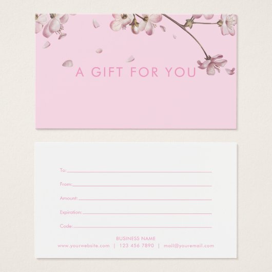 繊細な花のフローラピンクのギフト証明書 (正面&裏面)