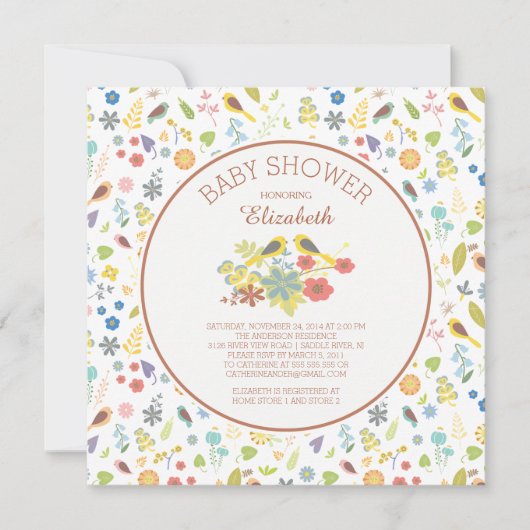 繊細な花のラブバードベビーシャワー招待状 招待状 (正面)