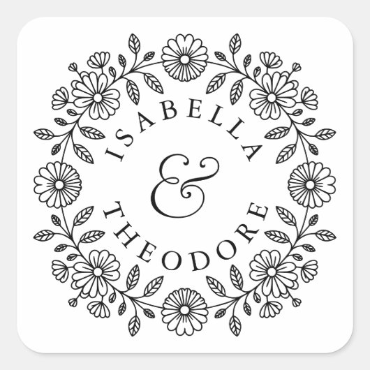 繊細な花のリースのカスタムラベル オーダーメイドの新郎新婦の名前札 スクエアシール (正面)