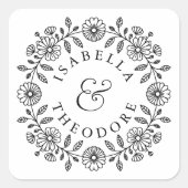 繊細な花のリースのカスタムラベル オーダーメイド 新郎新婦の名前 スクエアシール (正面)