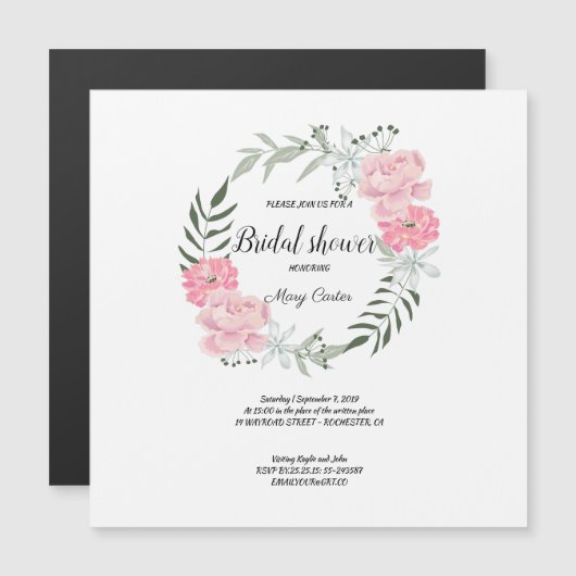 繊細な花の花輪、ピンクの芍薬 マグネット招待状 (正面/裏面)