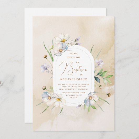 繊細な花ソフトウォーター色の洗礼 招待状 (正面/裏面)