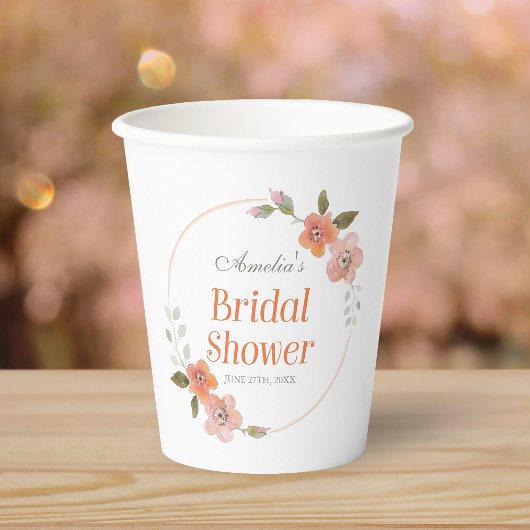 繊細な花柄オレンジ色のブライズシャワー 紙コップ