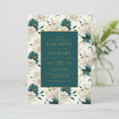 繊細な花模様のイボリー ティール ゴールドの結婚式 招待状 (スタンド正面)