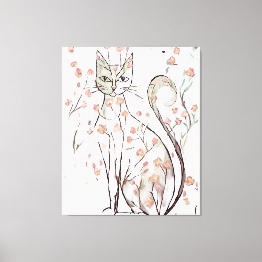 繊細な花猫イラストレーション キャンバスプリント (正面)