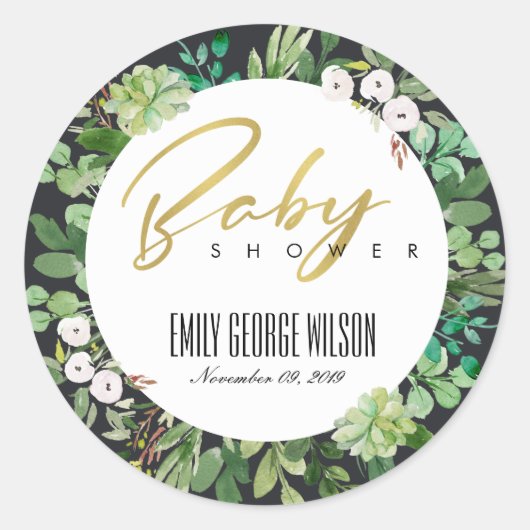 繊細な花輪の葉 水彩 ベビーシャワー ラウンドシール (正面)