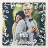 繊細な葉フレームモノグラムの写真 ガラスコースター (正面)