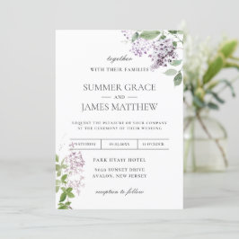 繊細な薄紫パープルフローラ結婚グリーンリーのインビ 招待状