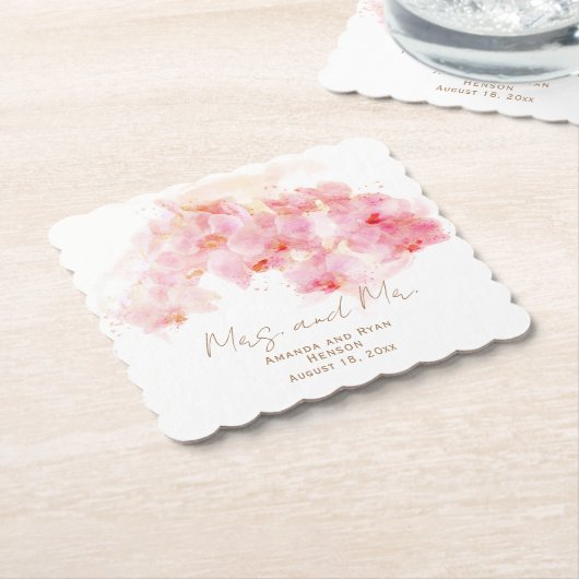 繊細な蘭の水の色ミセス・ミセス・フローラ結婚ズ ペーパーコースター (アングル)