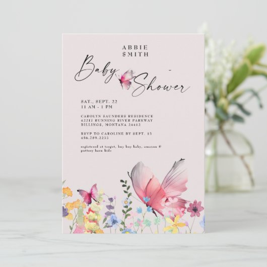 繊細な蝶とワイルドフラワーベイビーシャワー 招待状 (スタンド正面)