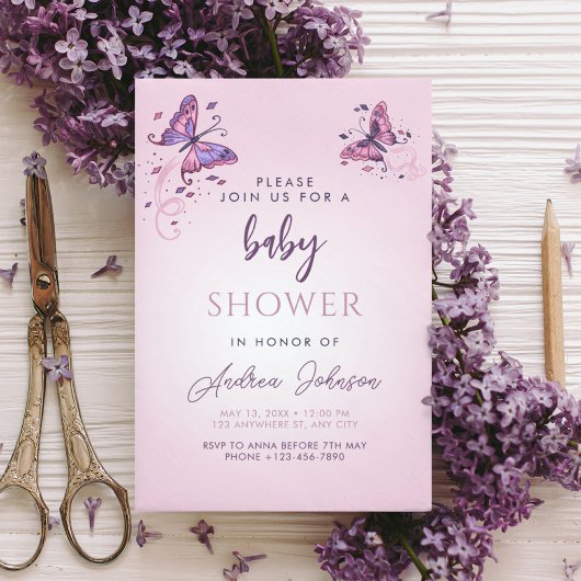 繊細な蝶の女の子らしいベイビーシャワーパーティー 招待状