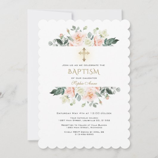 繊細な赤面クリームフラワーフレーム金ゴールドバプテスマ 招待状 (正面)