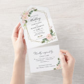 繊細な赤面ピンクフローラジオメト結婚リー オールインワン招待状 (貼ってはがせる)