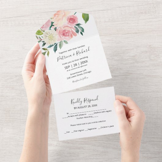 繊細な赤面ピンクフローラ水の色結婚の オールインワン招待状 (貼ってはがせる)