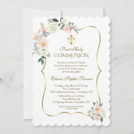 繊細な赤面白い花最初の聖餐式 招待状