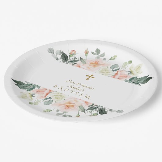 繊細な赤面白い花金ゴールドガールバプテスマ ペーパープレート (アングル)