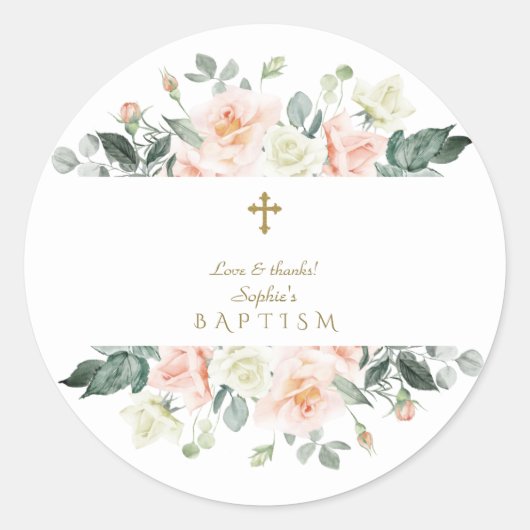 繊細な赤面白い花金ゴールドガールバプテスマ ラウンドシール (正面)