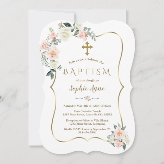 繊細な赤面白い花金ゴールドガールバプテスマ 招待状 (正面)