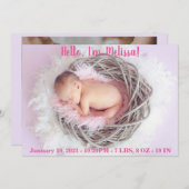 繊細な追加の名前と写真ベビーガール 案内状 (正面/裏面)