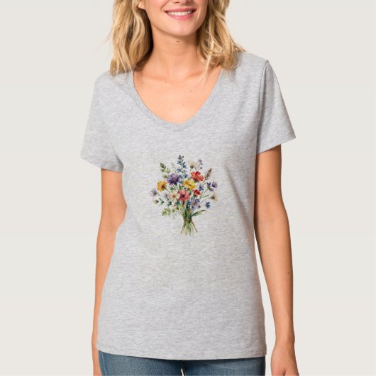 繊細な野の花のブーケの水彩画イラスト Tシャツ (正面)