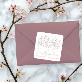 繊細な野の花の線画 ピンク ブライダルシャワー スクエアシール
