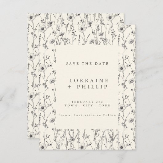 繊細な野生の花のシームレスパターン ウェディング セーブザデート (正面/裏面)