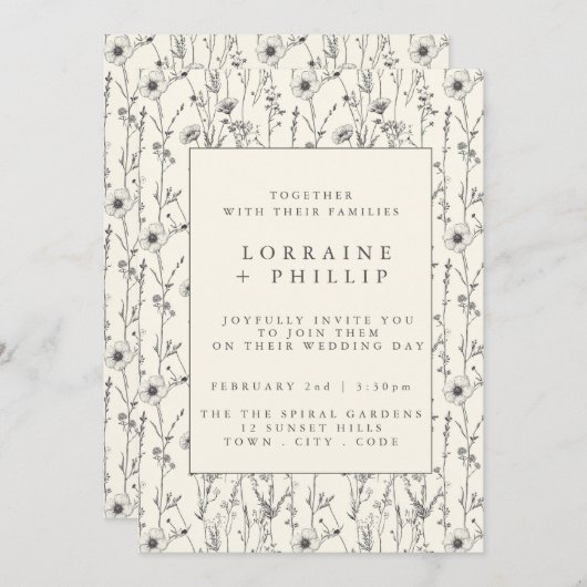 繊細な野生の花の継ぎ目のないパタ結婚ーン 招待状 (正面/裏面)