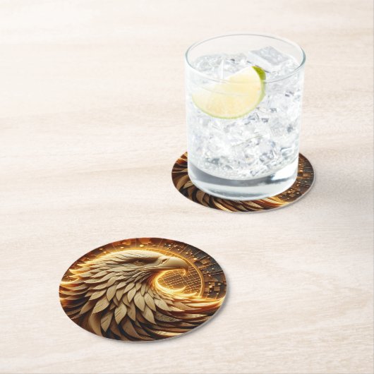 繊細な金の装飾が施された鷹 ラウンドペーパーコースター (インサイチュ)