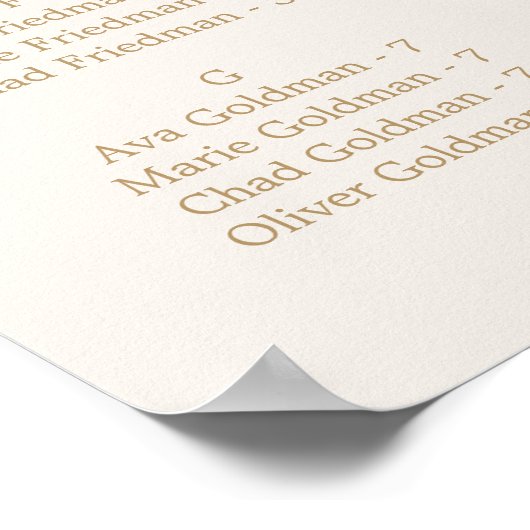 繊細な金ゴールドとクリームのアルファベットの座席表 ポスター (角)