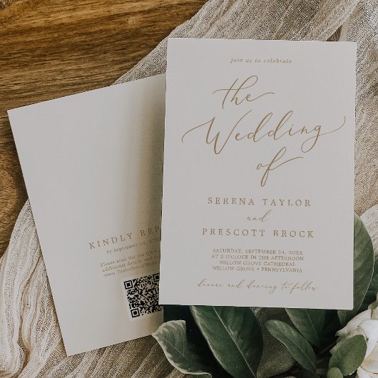 繊細な金ゴールドとクリームQRコードバック結婚ズ 招待状