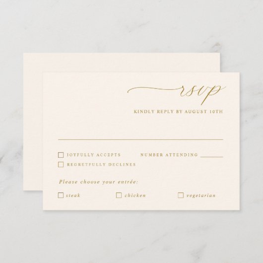 繊細な金ゴールドアイボリー結婚書道の食事 出欠カード (正面/裏面)